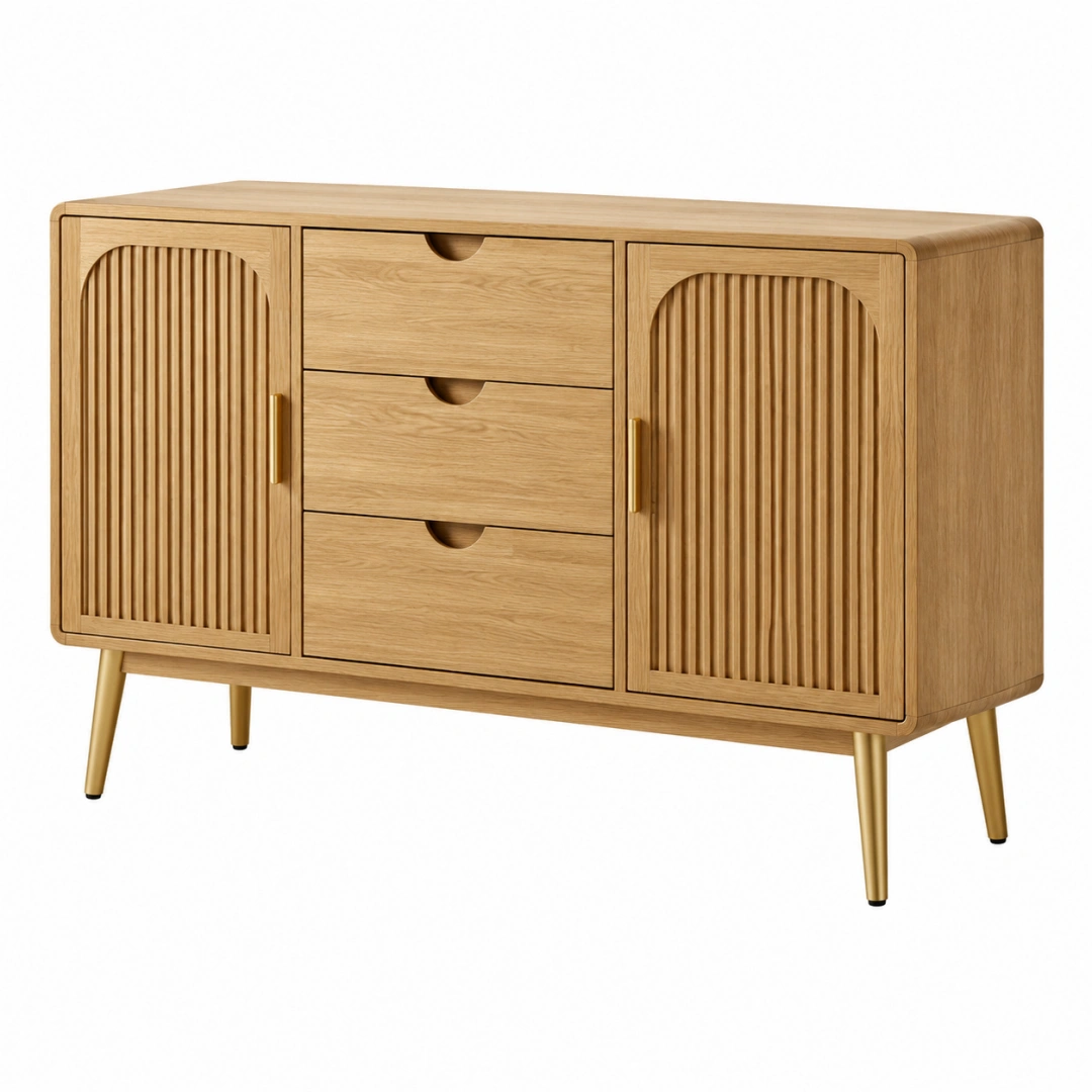 Aparador 140 cm de madera marrón con 3 cajones y 2 puertas acanaladas
