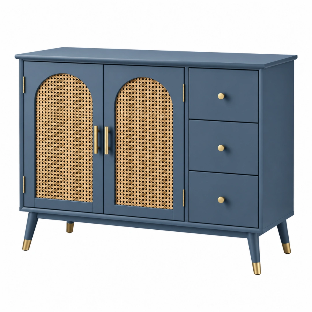 Aparador 120 x 40 x 85 cm de madera azul con rejilla de ratán - almacenamiento de estilo retro