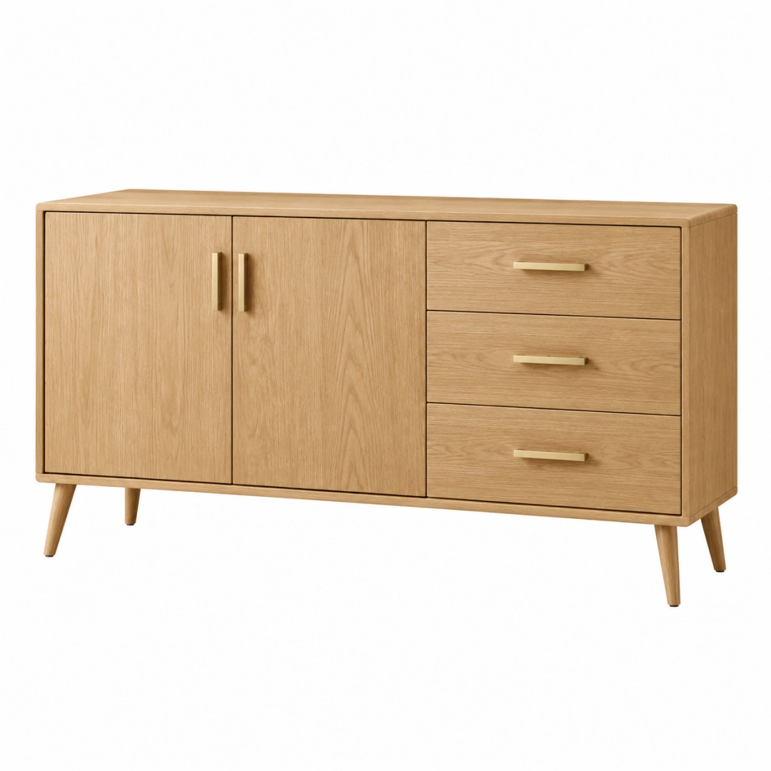 Aparador 160 x 40 x 85 cm de madera color roble con 3 cajones y 2 puertas estilo nórdico