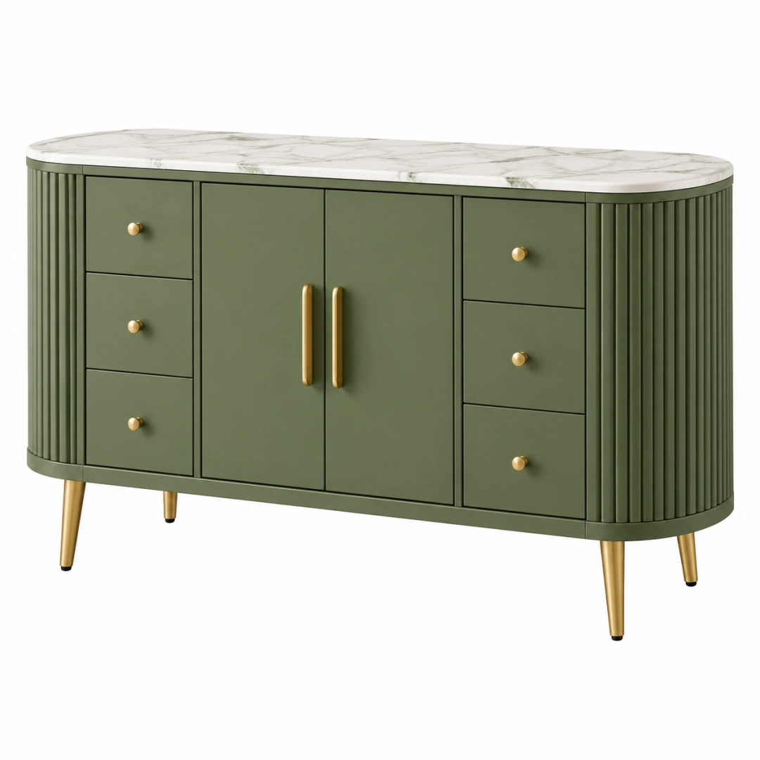 Aparador 160 x 40 x 85 cm de madera verde con encimera efecto mármol - almacenamiento moderno