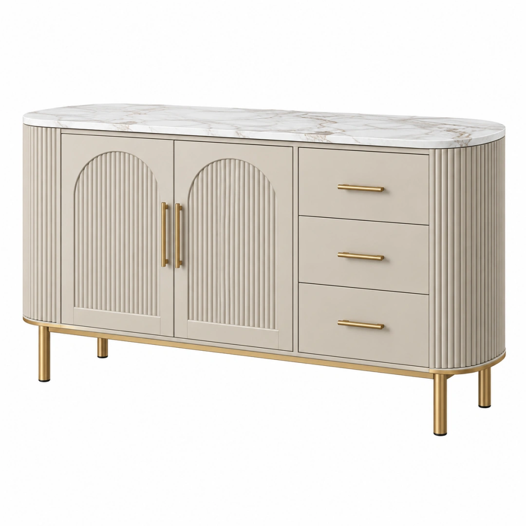 Aparador 160 x 40 x 85 cm de madera beige con encimera efecto mármol y cajones estilo moderno