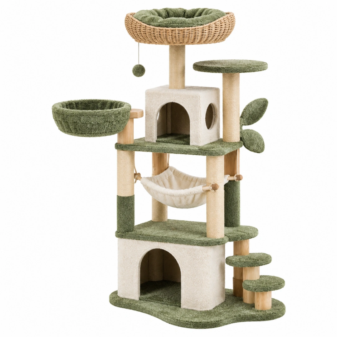 Árbol rascador para gatos 60 x 50 x 150 cm en sisal verde y beige con casetas y hamaca