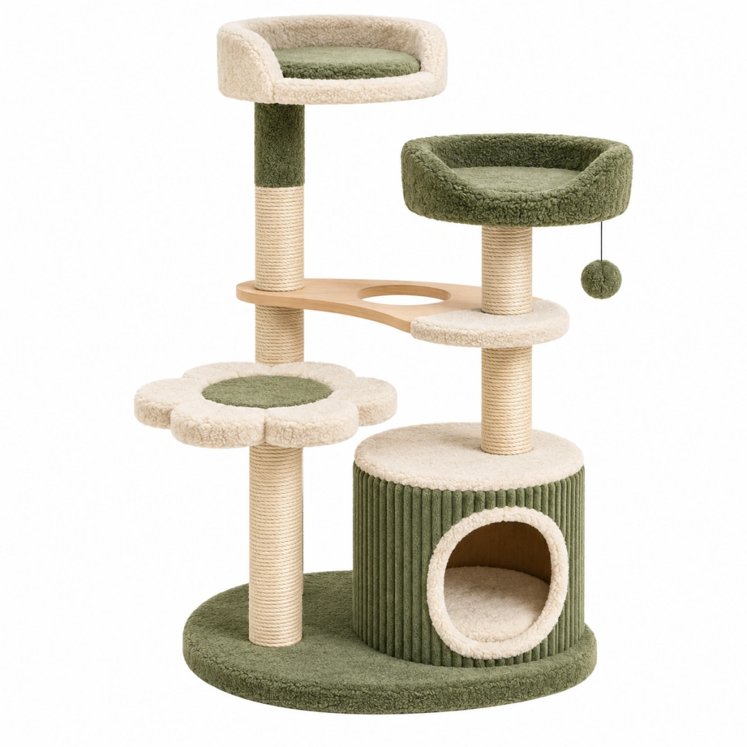Árbol rascador para gatos 60 x 50 x 120 cm de sisal y felpa verde y crema con cueva