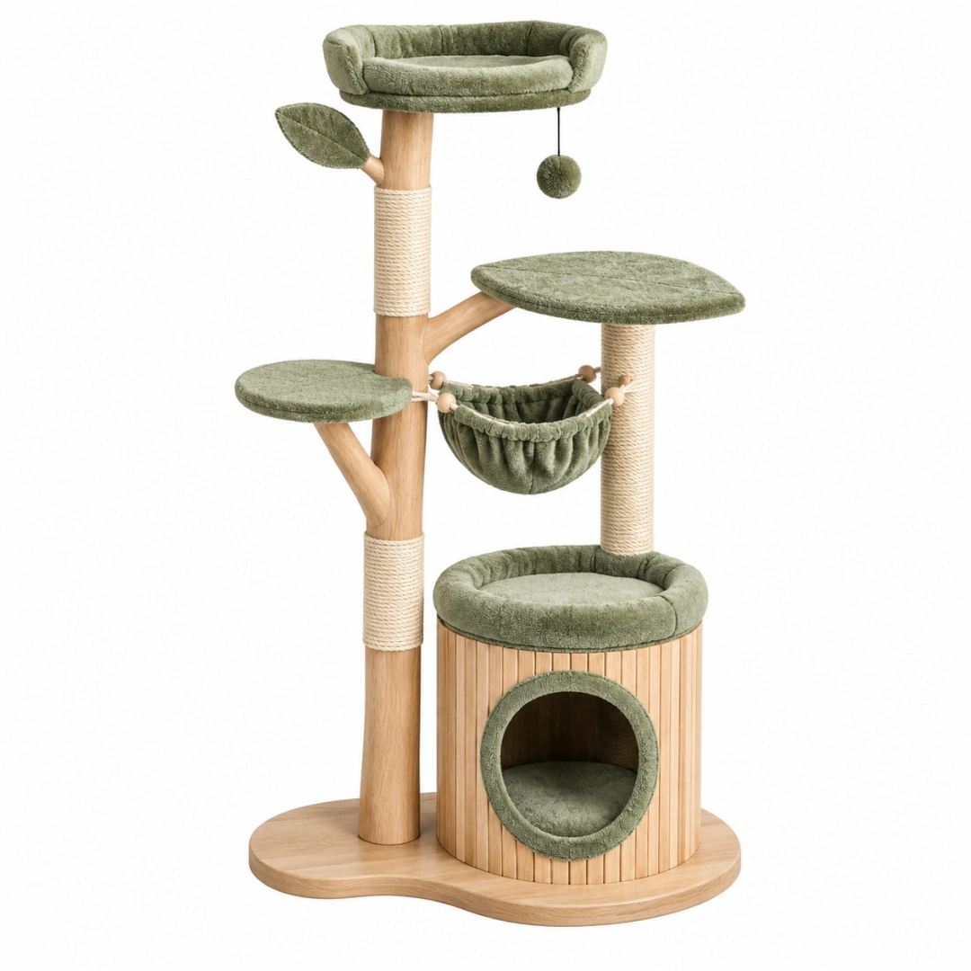 Árbol rascador para gatos 60 x 60 x 160 cm de madera verde con plataformas y refugio