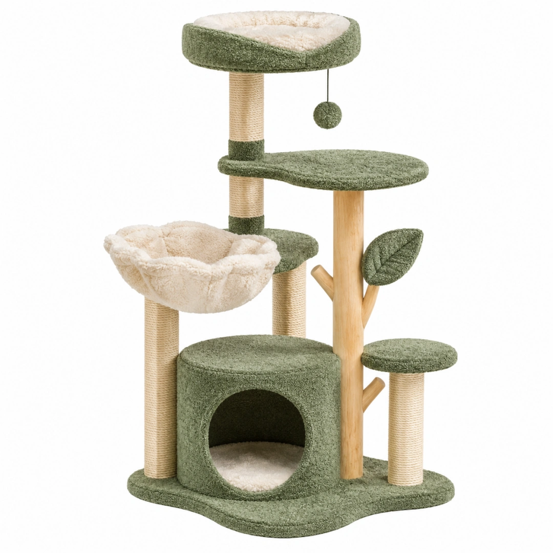 Árbol rascador para gatos 60 x 50 x 145 cm de madera sisal y felpa verde con plataformas