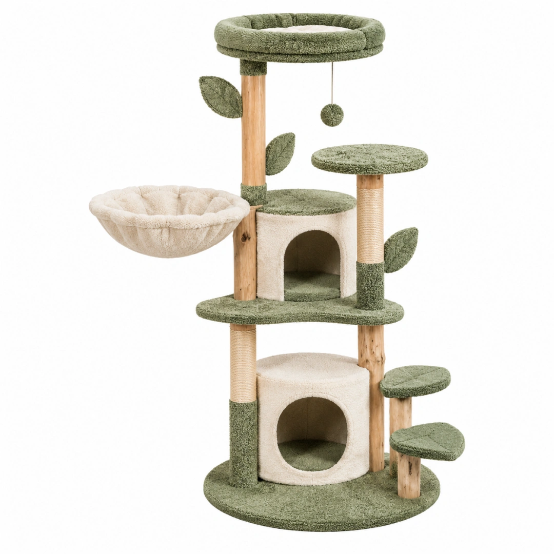 Árbol rascador para gatos 60 x 60 x 155 cm de madera y felpa verde beige con refugios y plataformas