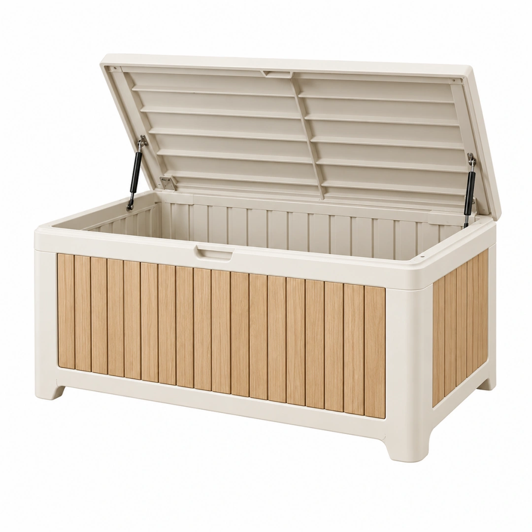 Arcón de almacenamiento 120 x 55 x 60 cm de plástico beige y madera clara para exterior con tapa abatible