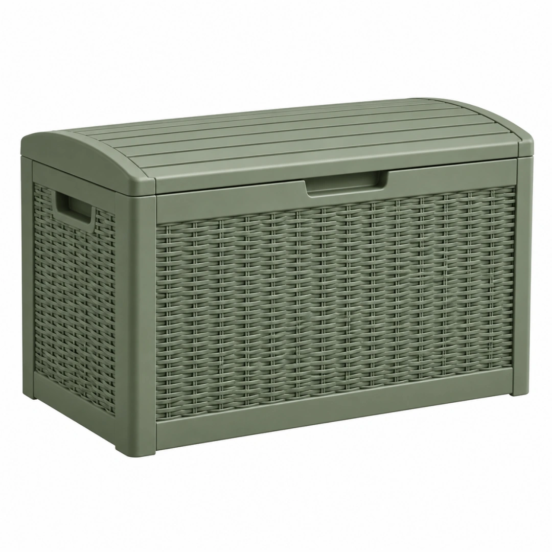 Baúl de almacenaje 78 x 44 x 55 cm de plástico verde con tapa efecto ratán