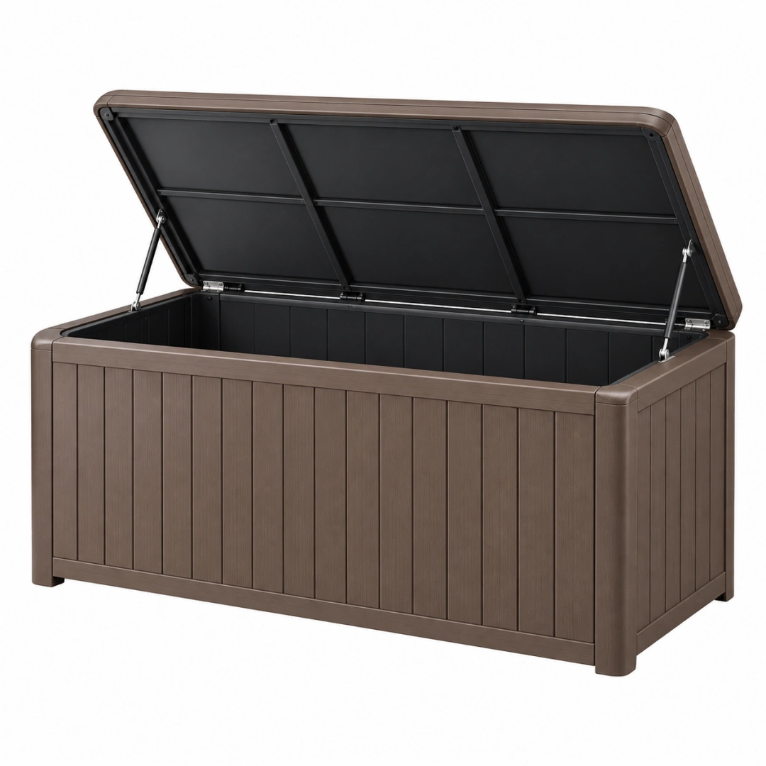 Baúl de almacenamiento exterior 120 cm de plástico marrón con tapa abatible