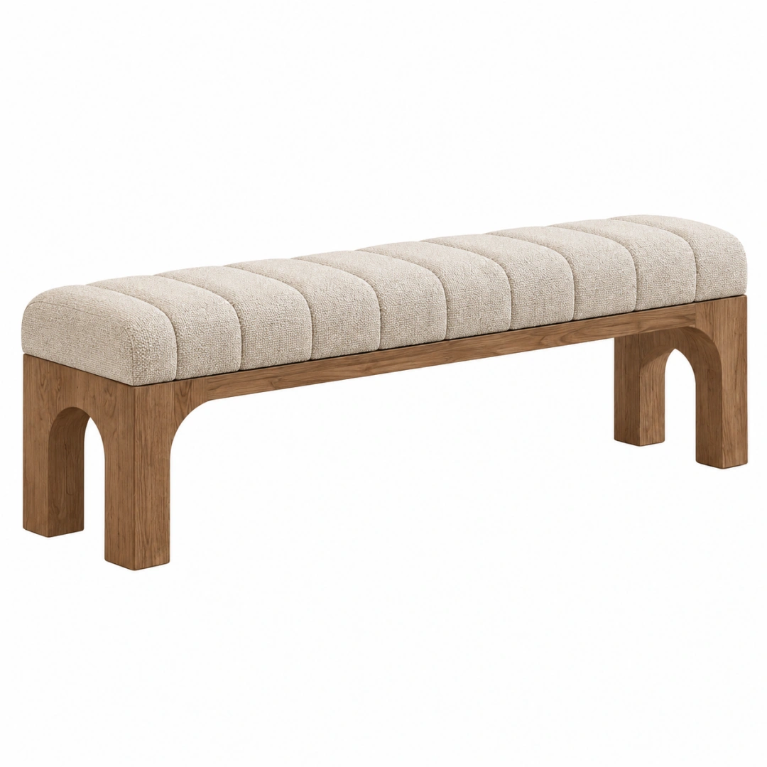 Banco 140 x 45 cm de madera y tela bouclé beige estilo contemporáneo