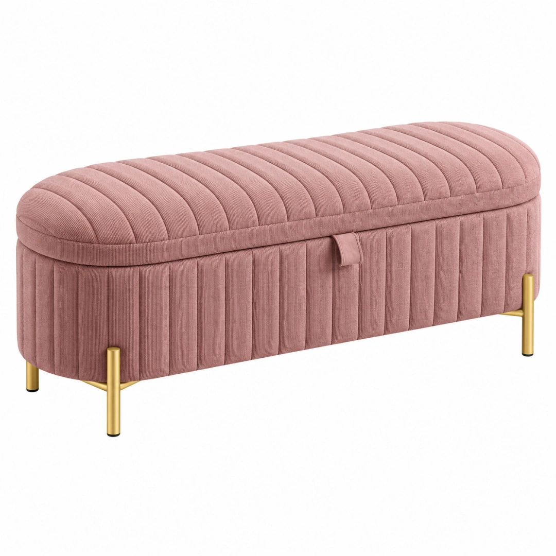Banco baúl 100 x 40 x 45 cm de tejido rosa con patas metálicas doradas - almacenamiento tapizado