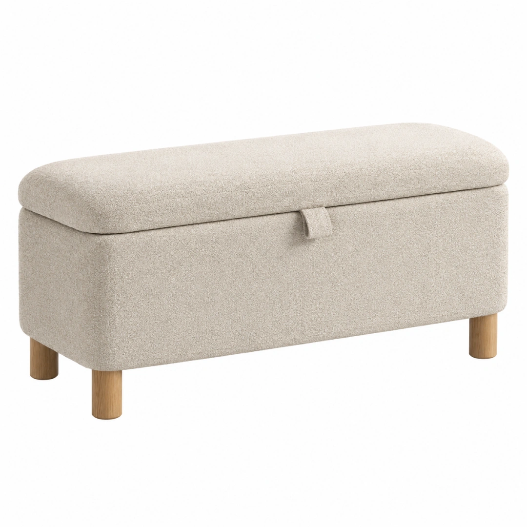 Banco baúl 100 x 40 x 45 cm de tela bouclé beige con patas de madera para almacenaje