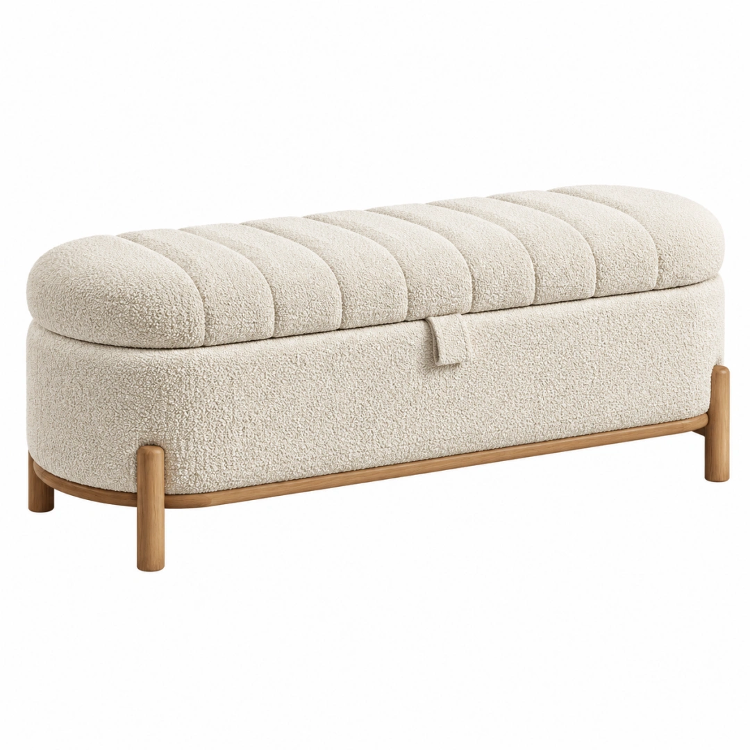 Banco baúl 120 x 45 x 48 cm de tejido bouclé beige con estructura de madera para dormitorio de estilo contemporáneo