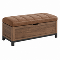 Banco de almacenaje 100 x 40 x 50 cm de madera marrón con asiento acolchado de piel sintética estilo industrial