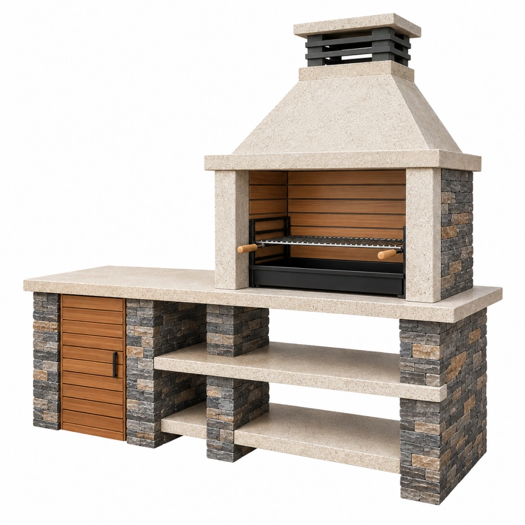 Barbacoa de obra 220 x 80 x 250 cm de piedra beige con parrilla de acero para exterior