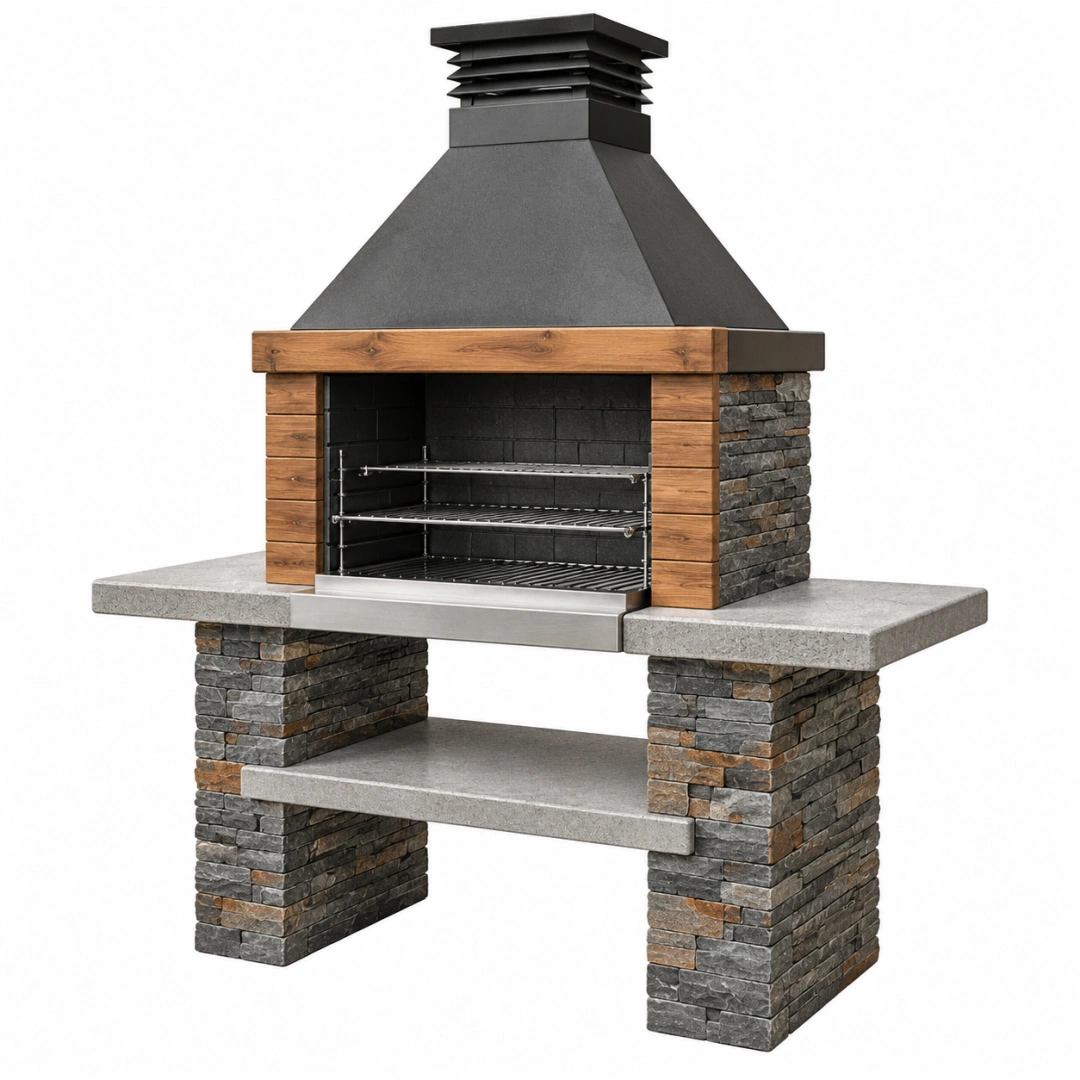 Barbacoa de obra 140 x 70 x 230 cm de piedra metal y madera gris para exterior