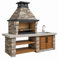 Cocina exterior con barbacoa 250 cm de piedra y metal gris marrón con fregadero