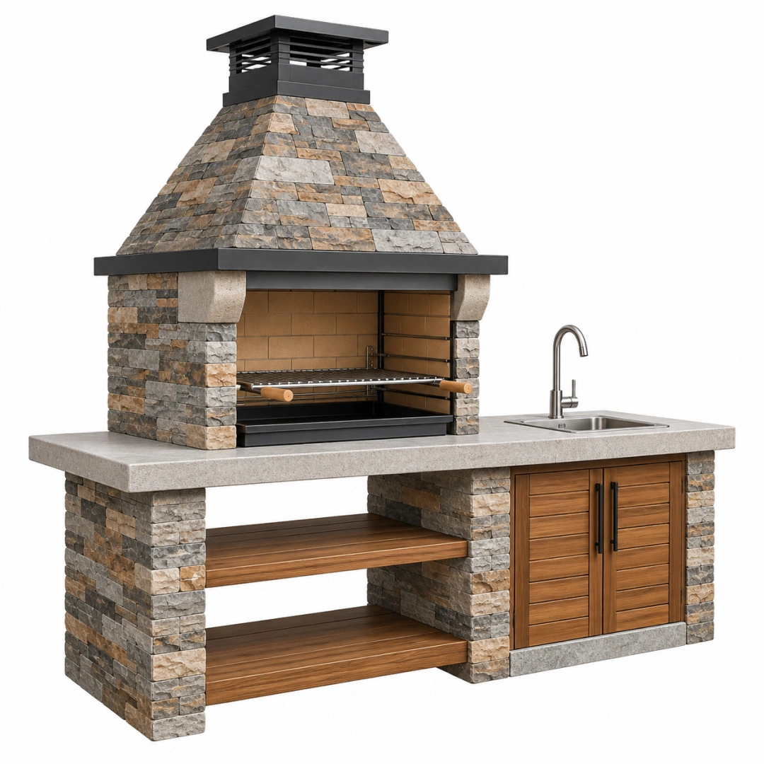 Cocina exterior con barbacoa 250 cm de piedra y metal gris marrón con fregadero