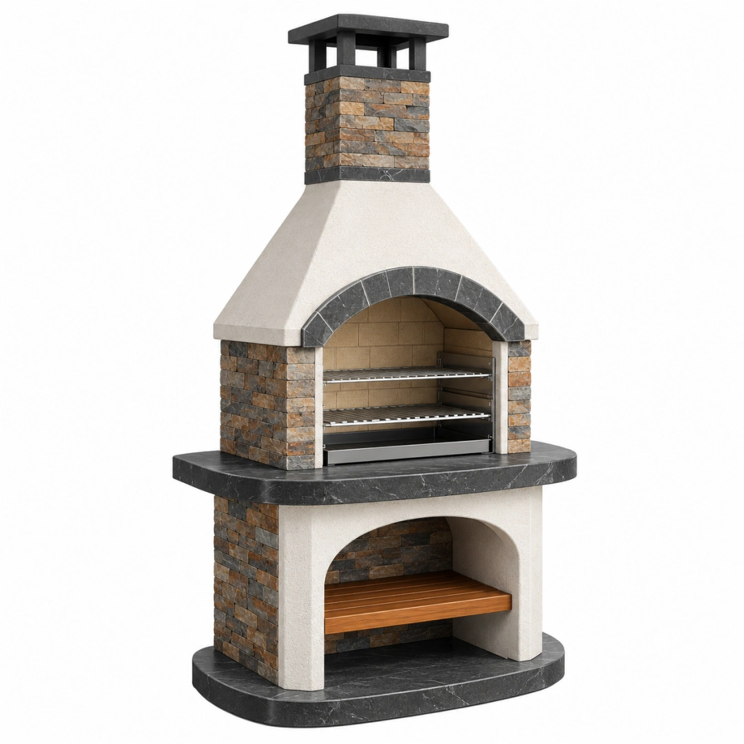 Barbacoa de obra 120 x 80 x 220 cm de piedra y acero negro para exterior