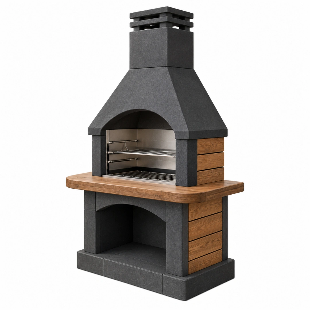 Barbacoa de obra 120 x 70 x 230 cm de piedra gris y madera para exterior