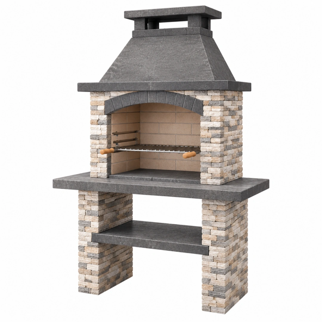 Barbacoa de obra 120 x 70 x 220 cm de piedra gris para jardín con parrilla y chimenea