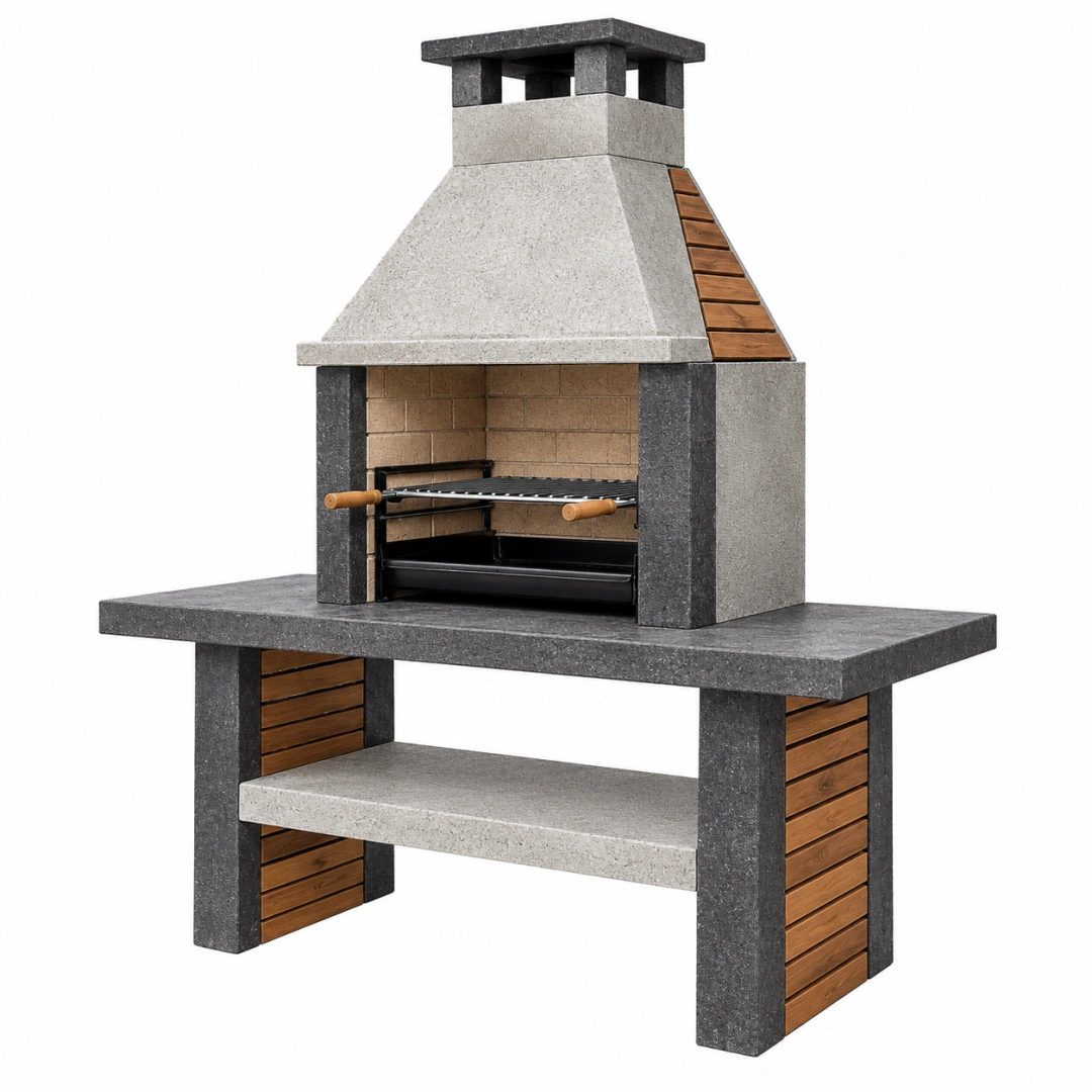 Barbacoa de jardín 160 x 80 x 220 cm de piedra gris con parrilla de acero y detalles de madera